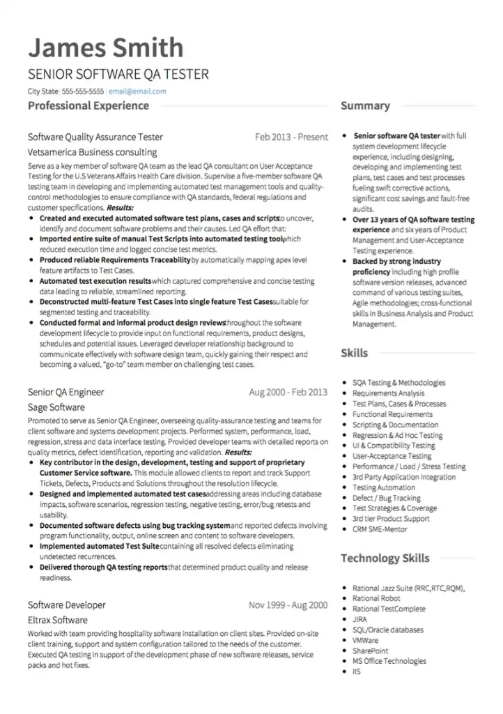 IT resume template of senior software QA tester